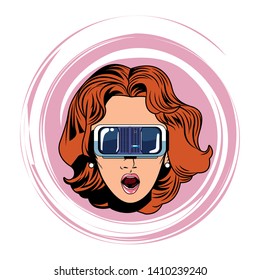 woman head with virtual reality headset face avatar cartoon character in a round icon with pop art background vector illustration graphic design