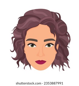 Woman head with wavy hairstyle. Female face with modern hairdress cartoon vector illustration