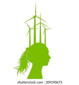 Woman head with wind generator green energy, ecology concept background 