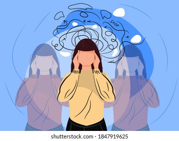 Woman headache or anxiety attack crisis. Frustrated woman with nervous problem feel anxiety confusion of thoughts vector. Depressed woman deep in thought. Anxiety touch head. Mental disorder and chaos