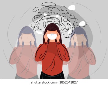 Woman headache or anxiety attack crisis. Frustrated woman with nervous problem feel anxiety confusion of thoughts vector. Depressed woman deep in thought. Anxiety touch head. Mental disorder and chaos