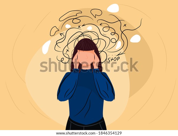 Woman headache or anxiety attack crisis. Frustrated\
woman with nervous problem feel anxiety confusion of thoughts\
vector. Depressed woman deep in thought. Anxiety touch head. Mental\
disorder and chaos