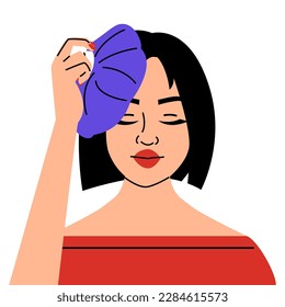 Woman with headache applying cold or hot compress to relieve pain vector isolated. Flu or cold treatment. Female person with migraine.