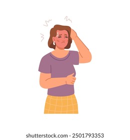 Woman with headache and fever, high temperature, flat cartoon person feeling unwell. Female with virus influenza and respiratory illness, unhealthy expression. Character having cold, seasonal flu