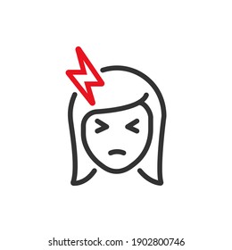 Icono de estilo plano de mujer con dolor de cabeza. Concepto de símbolo migraña aislado en fondo blanco. Ilustración del vector