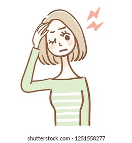 A woman with a headache. It is a hand-drawn style illustration.