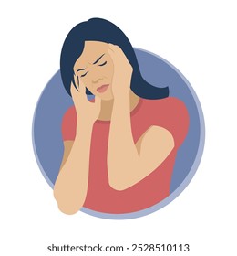 Woman with headache. A woman holds his head in pain. Flat design. Vector illustration on a white background.