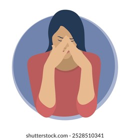 Woman with headache. A woman holds his head in pain. Flat design. Vector illustration on a white background.