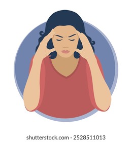 Woman with headache. A woman holds his head in pain. Flat design. Vector illustration on a white background.