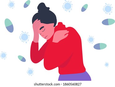 Woman with headache, migraine, holding her head cartoon vector illustration