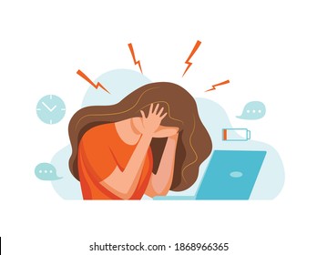 Woman With Headache, Migraine, Holding Her Head Cartoon Vector Illustration. Stressed Unhappy Upset Tired Girl In Office Suffering Of Pain, Headache Or Frustration.