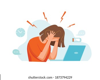 Woman with headache, migraine, holding her head cartoon vector illustration. Stressed unhappy upset tired girl in office suffering of pain, headache or frustration.