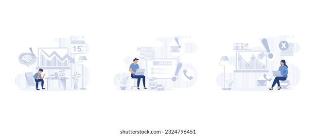 Woman with headache, migraine, holding her head, Stress in the office, Rush work, set flat modern vector illustration