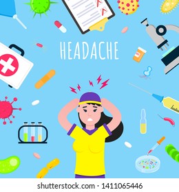 Woman with headache spot pain symbol, medical painkiller drug medicine icon sign isolated on medical background flat style design vector illustration gradient version. Headache poster concept.