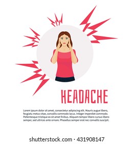 Woman with headache squeezing her head with hands. Vector migraine pain design template with place for text. Healthcare and medical concept