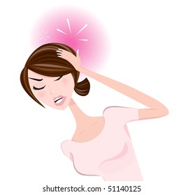 Woman with headache. Stress in work, divorce, unhappy love or health problems? Young woman with pains. Vector Illustration.