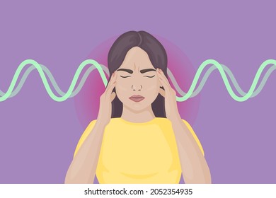 Woman with headache suffering from noise and loud music. The negative impact of microwaves, wifi, 5G on humans. Stressed woman vector isolated.