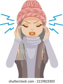 woman headache symptoms in flu season. touching her temple felt tense.