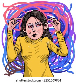 Una mujer con dolor de cabeza piensa en el problema que enfrenta.