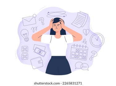 Mujer con dolor de cabeza a través de diferentes problemas. Tensión, fatiga y dolor. El concepto de estrés y cansancio. Ilustración vectorial de estilo plano en el fondo.