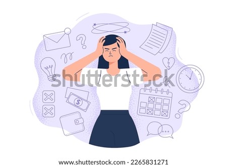 Woman with a headache through different problems. Tension, fatigue, and pain. Stress and tiredness concept. Flat-style vector illustration on the background.