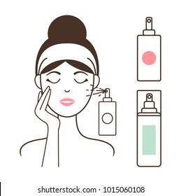 Woman in headband applies healthy micellar water with spray bottle on her face isolated cartoon flat vector illustrations set on white background.