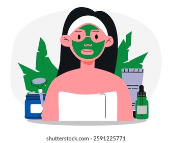 Woman with headband apply green face mask for skincare routine. Background with beauty products, creams, serums and palm leaves. Self care procedure for hydrated skin. Flat vector illustration.