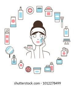 Woman in headband cleans her face inside circle of cosmetic means and beauty tools isolated cartoon flat vector illustration on white background.