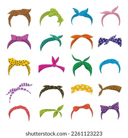 Woman headband. Retro fashioned scarf on head for ladies ribbons and bows recent vector collection