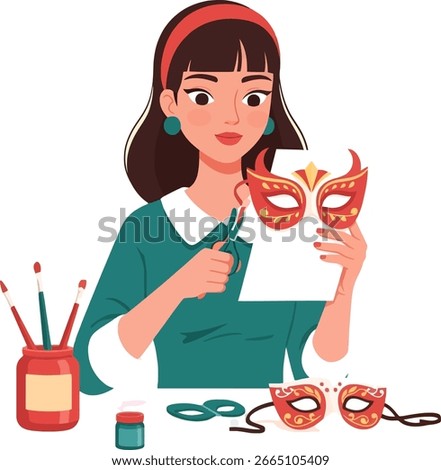 A woman with a headband sits at a table, using scissors to cut out and create ornate carnival masks for a celebration or party.