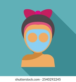 Woman with headband is wearing a blue facial cosmetic mask