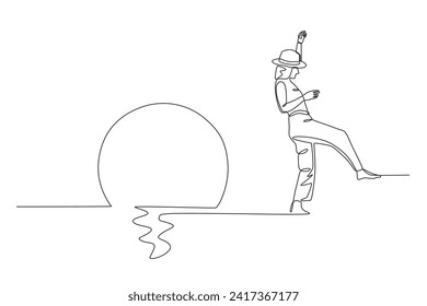 A woman is heading to the beach to swim. Beach one-line drawing