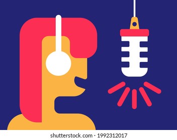 Woman in headphone broadcasting on the air. Redhead girl with podcast and retro microphone. Voice and sound recording. Vector flat abstract illustration