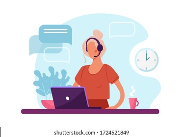 Woman with headphone and computer, call center, customer service and support. Flat vector illustration concept of distance work, distance education