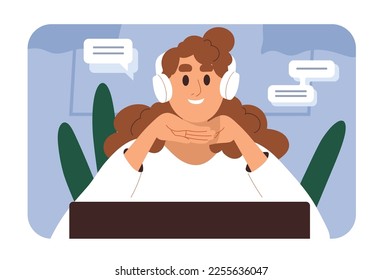 Woman in headphone during video conference call. Online communication concept. Happy smiling person at remote distant virtual videocall, videoconference at computer, PC. Flat vector illustration