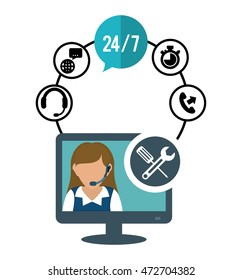 woman headphone tools computer customer service technical service call center icon set. Colorful and flat design. Vector illustration