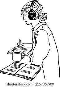 Woman with headphone writing on book People Relax leisure lifestyle Hand drawn line art Illustration