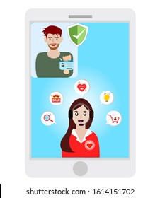 woman in headphone.Customer support center via video call.sale and service icons concept.registration online.Vector illustration.
