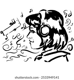 A woman with headphones. Black and white. Brush strokes. Vector isolated illustration, hand draw doodle, notes and nice feelings.