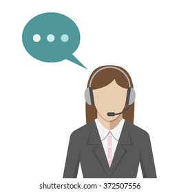 Woman with headphones in call center, flat style. Technical support operator portrait with headset and speech bubble. EPS 8 vector illustration, no transparency