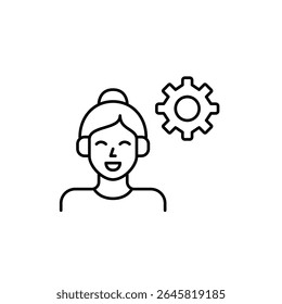 Woman in headphones and cogwheel. Audio settings, personalized listening, sound configuration, media control, user audio preferences. Pixel perfect, editable stroke vector icon
