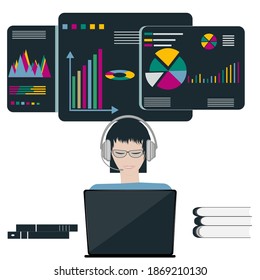 Woman with headphones, computer, bright diagrams, graphs - vector. Business technologies. Data analysis