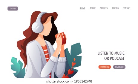 Woman with headphones and cup listening to music, audio book or podcast. E-learning, online courses, relaxing concept. Vector illustration for website, poster, banner.