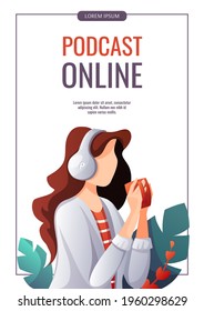 Woman with headphones and cup listening to music, audio book or podcast. E-learning, online courses, relaxing concept. A4 vector illustration for flyer, poster, banner, advertising.