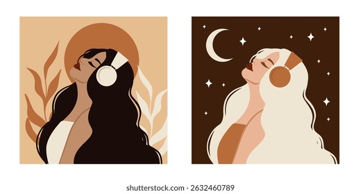 Woman in headphones. Day and night. Concept of podcast, audiobook, meditation.