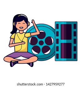 woman with headphones and filmstrip vector illustration