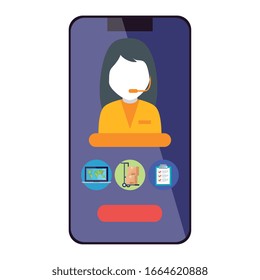 woman with headphones inside smartphone design, Delivery logistics transportation shipping service warehouse industry and global theme Vector illustration