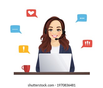 Woman in headphones with laptop. Customer support operator vector illustration isolated