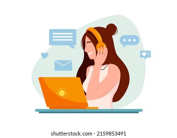 Woman in headphones with laptop, education or work concept. Desk with books and coffee cup. Time or project management. Female cartoon character. Vector cute Illustration.