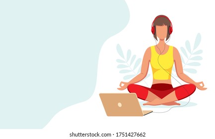 A woman in headphones with a laptop sits in a lotus position, practices yoga, meditates. Banner design. Stock vector illustration.